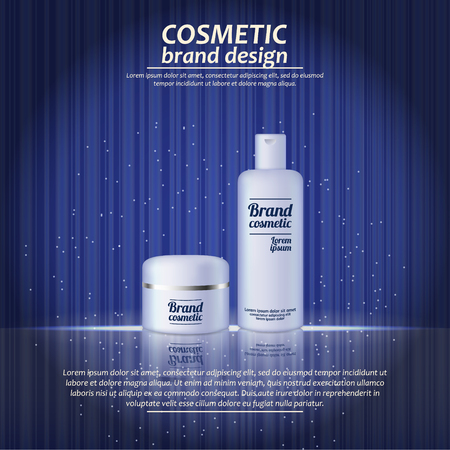 3D realistic cosmetic bottle ads template. Cosmetic brand advertising concept design with glowing sparkles on abstract texture background.のイラスト素材