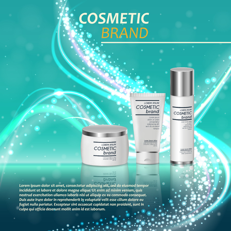 3D realistic cosmetic bottle ads template. Cosmetic brand advertising concept design with glitters and bokeh background.のイラスト素材