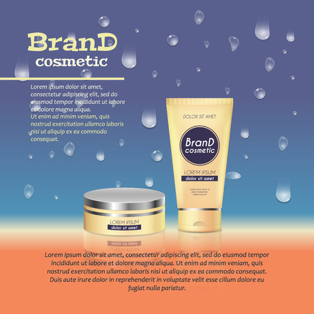 3D realistic cosmetic bottle ads template. Cosmetic brand advertising concept design with water bubbles and waterdrops background.のイラスト素材