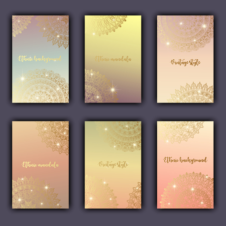 Card set with floral glowing decorative mandala elements background. Asian Indian oriental ornate banners.のイラスト素材