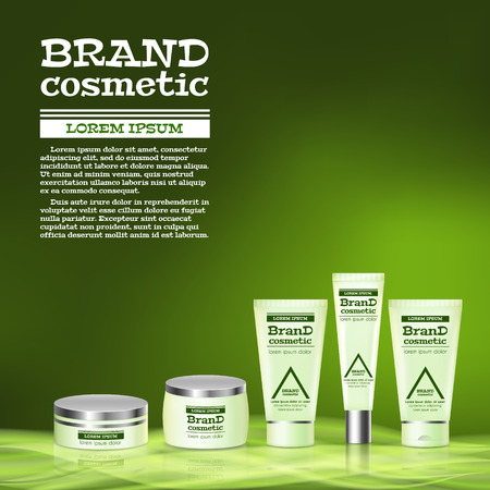 3D realistic cosmetic bottle ads template. Cosmetic brand advertising concept design with abstract glowing waves.のイラスト素材