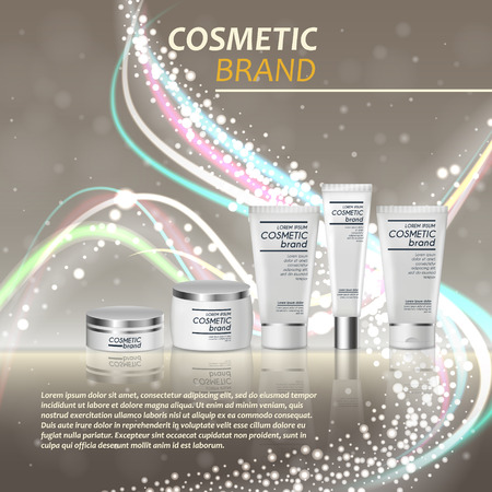 3D realistic cosmetic bottle ads template. Cosmetic brand advertising concept design with glitters and bokeh background.のイラスト素材