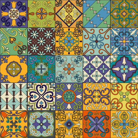 Seamless pattern with portuguese tiles in talavera style. Azulejo, moroccan, mexican ornamentsのイラスト素材