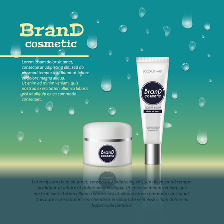 3D realistic cosmetic bottle ads template. Cosmetic brand advertising concept design with water bubbles and waterdrops background.のイラスト素材
