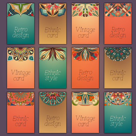 Card set with floral decorative mandala elements background. Asian Indian oriental ornate bannersのイラスト素材