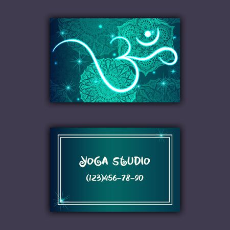 Business card for yoga studio or yoga instructor. Ethnic background with mandala ornament and ohm.のイラスト素材