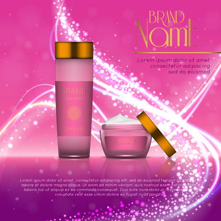 3D realistic cosmetic bottle ads template. Cosmetic brand advertising concept design with glitters and bokeh background.のイラスト素材