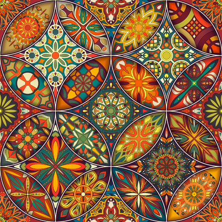 Seamless pattern with decorative mandalas. Vintage mandala elements. Colorful patchworkのイラスト素材
