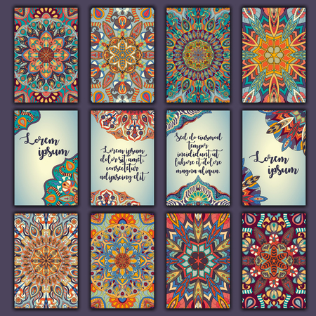 Card set with floral decorative mandala elements background. Asian Indian oriental ornate bannersのイラスト素材