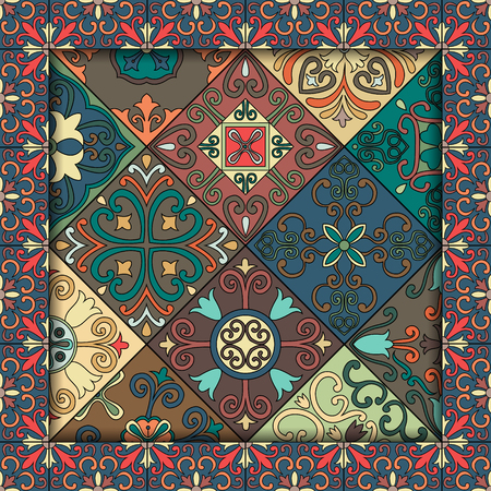 Seamless pattern with portuguese tiles in talavera style. Azulejo, moroccan, mexican ornamentsのイラスト素材