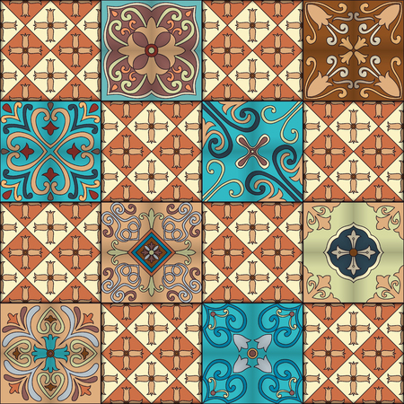 Seamless pattern with portuguese tiles in talavera style. Azulejo, moroccan, mexican ornamentsのイラスト素材
