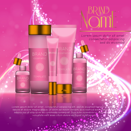 3D realistic cosmetic bottle ads template. Cosmetic brand advertising concept design with glitters and bokeh background.のイラスト素材