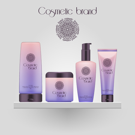 Set of realistic gradient color cosmetic bottle. 3D mock up bottle isolated on white background cosmetic products package.のイラスト素材