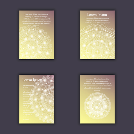 Card set with floral glowing decorative mandala elements background. Asian Indian oriental ornate banners.のイラスト素材