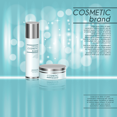 3D realistic cosmetic bottle ads template. Cosmetic brand advertising concept design with glitters and bokeh background.のイラスト素材