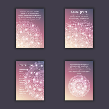 Card set with floral glowing decorative mandala elements background. Asian Indian oriental ornate banners.のイラスト素材