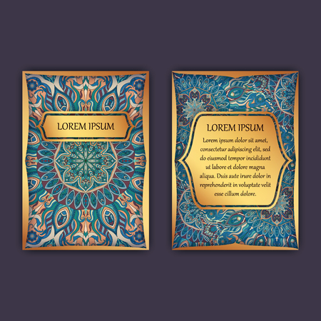 Vintage cards with floral mandala pattern and ornaments. Front page and back page. Luxury designのイラスト素材
