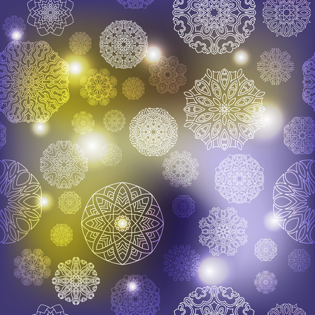 Ornate floral seamless texture, endless pattern with glowing bright mandala elements.のイラスト素材