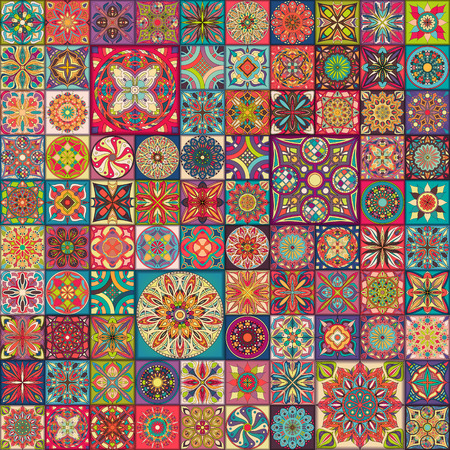 Seamless pattern with decorative mandalas. Vintage mandala elements. Colorful patchworkのイラスト素材