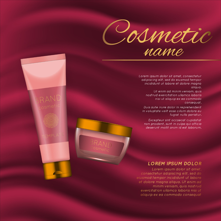 Vector 3D cosmetic illustration on a soft silk background. Beauty realistic cosmetic product design templateのイラスト素材
