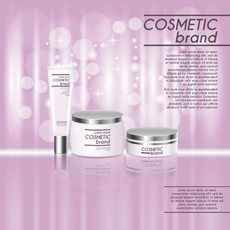 3D realistic cosmetic bottle ads template. Cosmetic brand advertising concept design with glitters and bokeh background.のイラスト素材