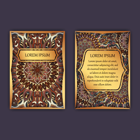 Vintage cards with floral mandala pattern and ornaments. Front page and back page luxury design.のイラスト素材