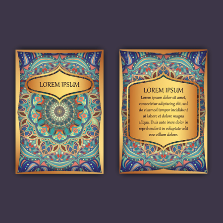 Vintage cards with floral mandala pattern and ornaments. Front page and back page luxury design.のイラスト素材