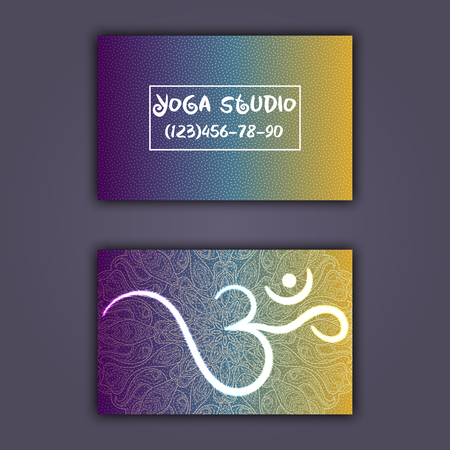 Business card for yoga studio or yoga instructor. Ethnic background with mandala ornament and ohm.のイラスト素材