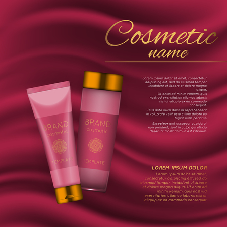 Vector 3D cosmetic illustration on a soft silk background. Beauty realistic cosmetic product design templateのイラスト素材