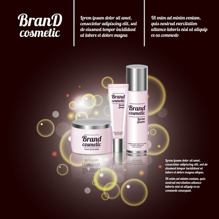 3D realistic cosmetic bottle ads template. Cosmetic brand advertising concept design with bubbles and sparkles.のイラスト素材