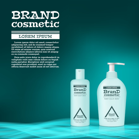 3D realistic cosmetic bottle ads template. Cosmetic brand advertising concept design with abstract glowing waves.のイラスト素材
