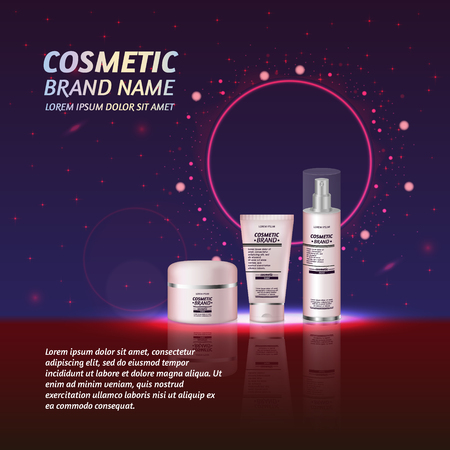 3D realistic cosmetic bottle ads template. Cosmetic brand advertising concept design with glitters and sparkles abstract sky background.のイラスト素材