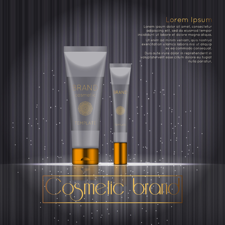 3D realistic cosmetic bottle ads template. Cosmetic brand advertising concept design with glowing sparkles on abstract texture background.のイラスト素材