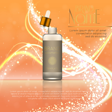 3D realistic cosmetic bottle ads template. Cosmetic brand advertising concept design with glitters and bokeh background.のイラスト素材