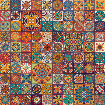 Seamless pattern with decorative mandalas. Vintage mandala elements. Colorful patchworkのイラスト素材