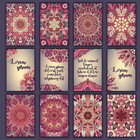 Card set with floral decorative mandala elements background. Asian Indian oriental ornate bannersのイラスト素材