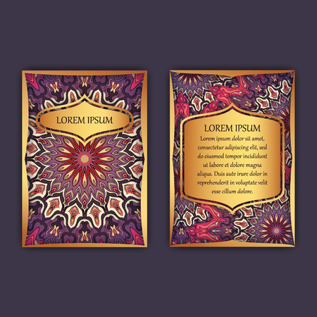 Vintage cards with floral mandala pattern and ornaments. Front page and back page. Luxury designのイラスト素材