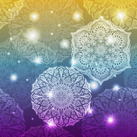 Ornate floral seamless texture, endless pattern with glowing bright mandala elements.のイラスト素材