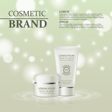 3D realistic cosmetic bottle ads template. Cosmetic brand advertising concept design with glitters and bokeh background.のイラスト素材