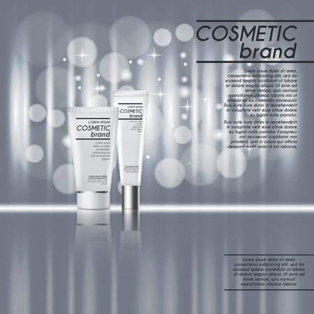 3D realistic cosmetic bottle ads template. Cosmetic brand advertising concept design with glitters and bokeh background.のイラスト素材