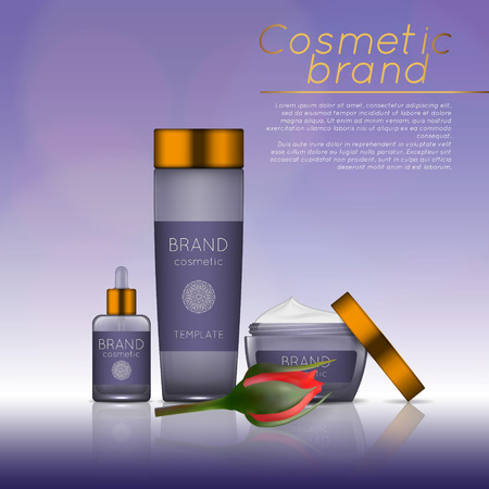 Vector 3D cosmetic illustration with rose and bokeh background. Beauty realistic cosmetic product design templateのイラスト素材