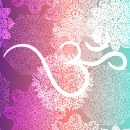 Ornate floral seamless texture, endless pattern with glowing bright mandala elements and ohm symbol.のイラスト素材