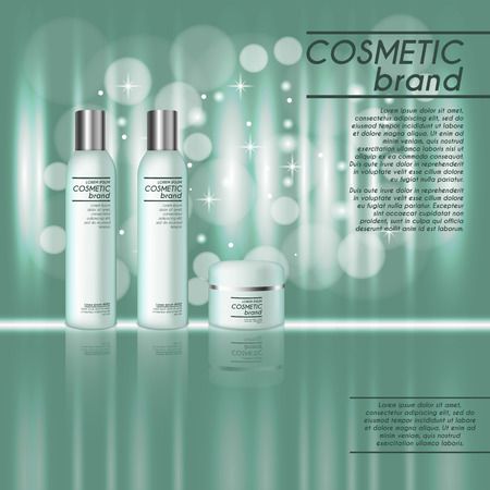 3D realistic cosmetic bottle ads template. Cosmetic brand advertising concept design with glitters and bokeh background.のイラスト素材