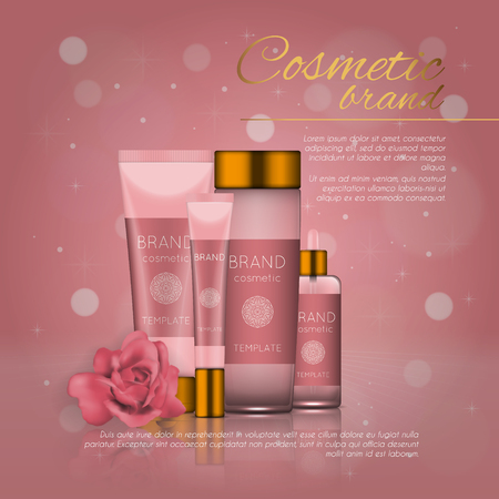 Vector 3D cosmetic illustration with rose and bokeh background. Beauty realistic cosmetic product design templateのイラスト素材