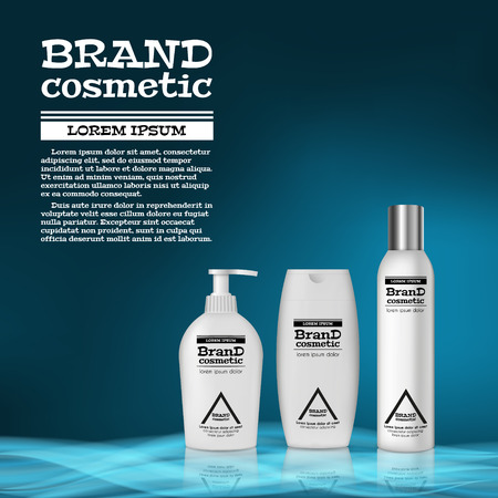 3D realistic cosmetic bottle ads template. Cosmetic brand advertising concept design with abstract glowing waves.のイラスト素材