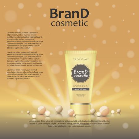 3D realistic cosmetic bottle ads template. Cosmetic brand advertising concept design on glowing background with pearls and sparkles.のイラスト素材
