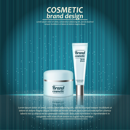 3D realistic cosmetic bottle ads template. Cosmetic brand advertising concept design with glowing sparkles on abstract texture background.のイラスト素材