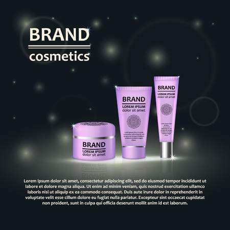 3D realistic cosmetic bottle ads template. Cosmetic brand advertising concept design with glitters and bokeh background.のイラスト素材