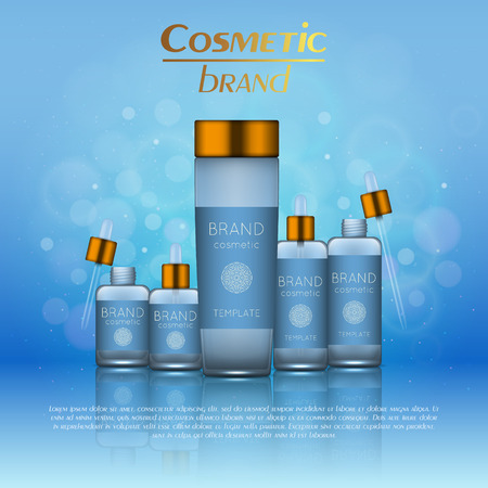Vector 3D cosmetic illustration on a soft light blurred background with bokeh. Beauty realistic cosmetic product design templateのイラスト素材