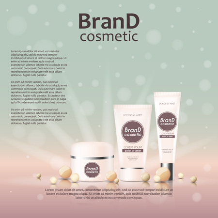3D realistic cosmetic bottle ads template. Cosmetic brand advertising concept design on glowing background with pearls and sparkles.のイラスト素材